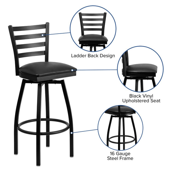 English Elm HERCULES Series Durable Swivel Barstool with Ladder Back Design for Restaurants and Home Use Black Vinyl Seat/Black Metal Frame XU-6F8B-LADSWVL-BLKV-GG