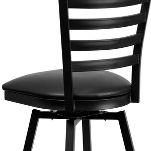 English Elm HERCULES Series Durable Swivel Barstool with Ladder Back Design for Restaurants and Home Use Black Vinyl Seat/Black Metal Frame XU-6F8B-LADSWVL-BLKV-GG