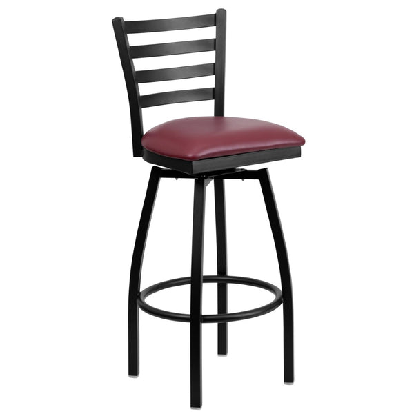 English Elm HERCULES Series Durable Swivel Barstool with Ladder Back Design for Restaurants and Home Use Burgundy Vinyl Seat/Black Metal Frame XU-6F8B-LADSWVL-BURV-GG