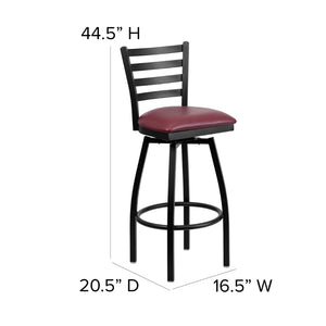 English Elm HERCULES Series Durable Swivel Barstool with Ladder Back Design for Restaurants and Home Use Burgundy Vinyl Seat/Black Metal Frame XU-6F8B-LADSWVL-BURV-GG