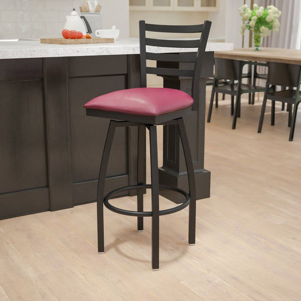 English Elm HERCULES Series Durable Swivel Barstool with Ladder Back Design for Restaurants and Home Use Burgundy Vinyl Seat/Black Metal Frame XU-6F8B-LADSWVL-BURV-GG