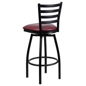 English Elm HERCULES Series Durable Swivel Barstool with Ladder Back Design for Restaurants and Home Use Burgundy Vinyl Seat/Black Metal Frame XU-6F8B-LADSWVL-BURV-GG