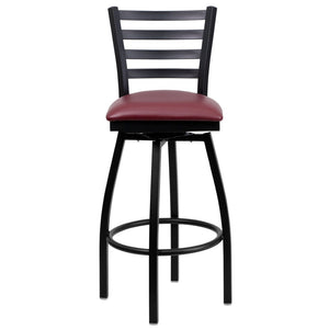 English Elm HERCULES Series Durable Swivel Barstool with Ladder Back Design for Restaurants and Home Use Burgundy Vinyl Seat/Black Metal Frame XU-6F8B-LADSWVL-BURV-GG