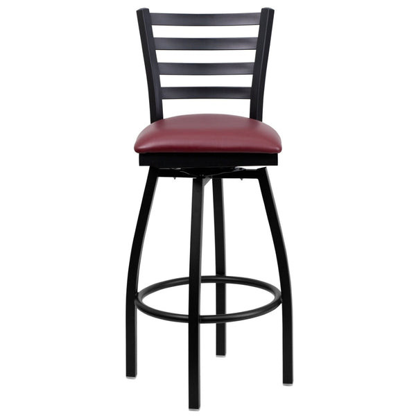 English Elm HERCULES Series Durable Swivel Barstool with Ladder Back Design for Restaurants and Home Use Burgundy Vinyl Seat/Black Metal Frame XU-6F8B-LADSWVL-BURV-GG