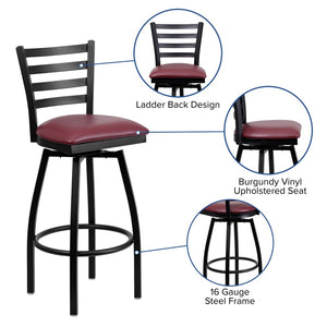 English Elm HERCULES Series Durable Swivel Barstool with Ladder Back Design for Restaurants and Home Use Burgundy Vinyl Seat/Black Metal Frame XU-6F8B-LADSWVL-BURV-GG
