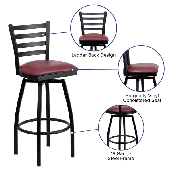 English Elm HERCULES Series Durable Swivel Barstool with Ladder Back Design for Restaurants and Home Use Burgundy Vinyl Seat/Black Metal Frame XU-6F8B-LADSWVL-BURV-GG