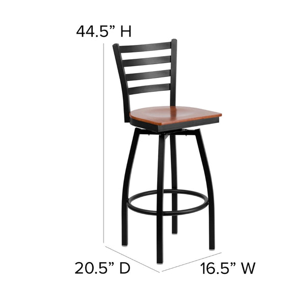 English Elm HERCULES Series Durable Swivel Barstool with Ladder Back Design for Restaurants and Home Use Cherry Wood Seat/Black Metal Frame XU-6F8B-LADSWVL-CHYW-GG