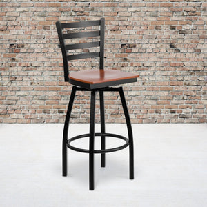 English Elm HERCULES Series Durable Swivel Barstool with Ladder Back Design for Restaurants and Home Use Cherry Wood Seat/Black Metal Frame XU-6F8B-LADSWVL-CHYW-GG