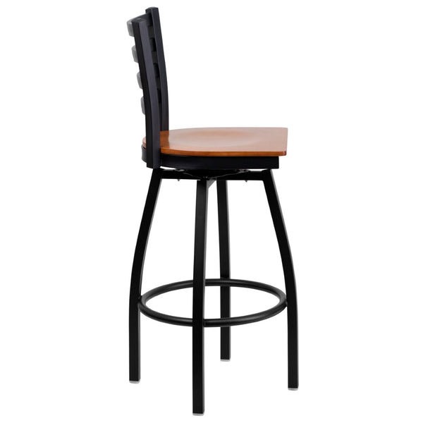 English Elm HERCULES Series Durable Swivel Barstool with Ladder Back Design for Restaurants and Home Use Cherry Wood Seat/Black Metal Frame XU-6F8B-LADSWVL-CHYW-GG