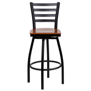 English Elm HERCULES Series Durable Swivel Barstool with Ladder Back Design for Restaurants and Home Use Cherry Wood Seat/Black Metal Frame XU-6F8B-LADSWVL-CHYW-GG