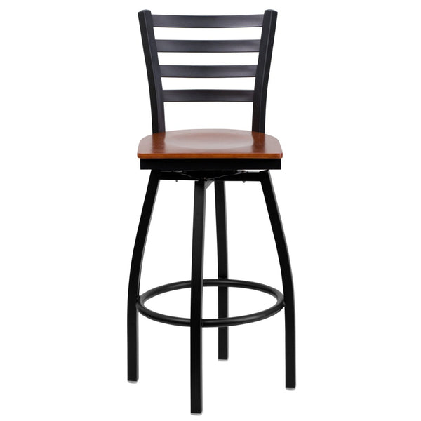 English Elm HERCULES Series Durable Swivel Barstool with Ladder Back Design for Restaurants and Home Use Cherry Wood Seat/Black Metal Frame XU-6F8B-LADSWVL-CHYW-GG