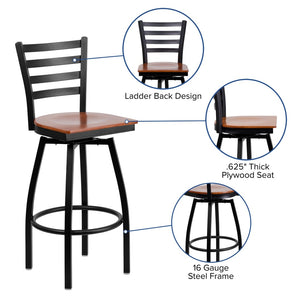 English Elm HERCULES Series Durable Swivel Barstool with Ladder Back Design for Restaurants and Home Use Cherry Wood Seat/Black Metal Frame XU-6F8B-LADSWVL-CHYW-GG