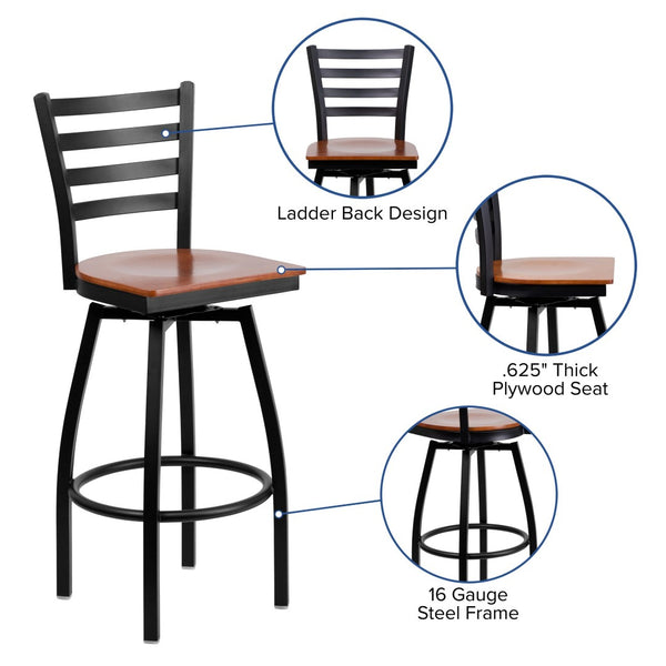 English Elm HERCULES Series Durable Swivel Barstool with Ladder Back Design for Restaurants and Home Use Cherry Wood Seat/Black Metal Frame XU-6F8B-LADSWVL-CHYW-GG