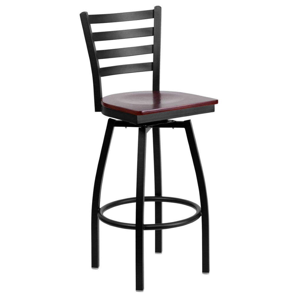 English Elm HERCULES Series Durable Swivel Barstool with Ladder Back Design for Restaurants and Home Use Mahogany Wood Seat/Black Metal Frame XU-6F8B-LADSWVL-MAHW-GG