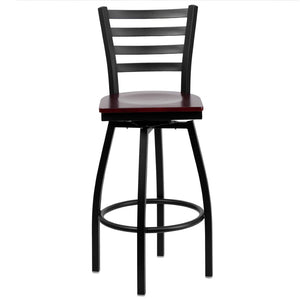 English Elm HERCULES Series Durable Swivel Barstool with Ladder Back Design for Restaurants and Home Use Mahogany Wood Seat/Black Metal Frame XU-6F8B-LADSWVL-MAHW-GG