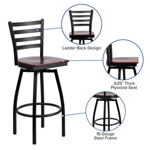 English Elm HERCULES Series Durable Swivel Barstool with Ladder Back Design for Restaurants and Home Use Mahogany Wood Seat/Black Metal Frame XU-6F8B-LADSWVL-MAHW-GG