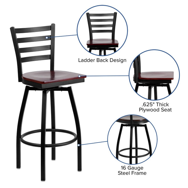 English Elm HERCULES Series Durable Swivel Barstool with Ladder Back Design for Restaurants and Home Use Mahogany Wood Seat/Black Metal Frame XU-6F8B-LADSWVL-MAHW-GG