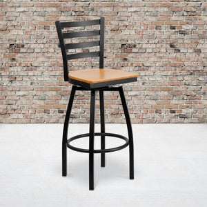 English Elm HERCULES Series Durable Swivel Barstool with Ladder Back Design for Restaurants and Home Use Natural Wood Seat/Black Metal Frame XU-6F8B-LADSWVL-NATW-GG