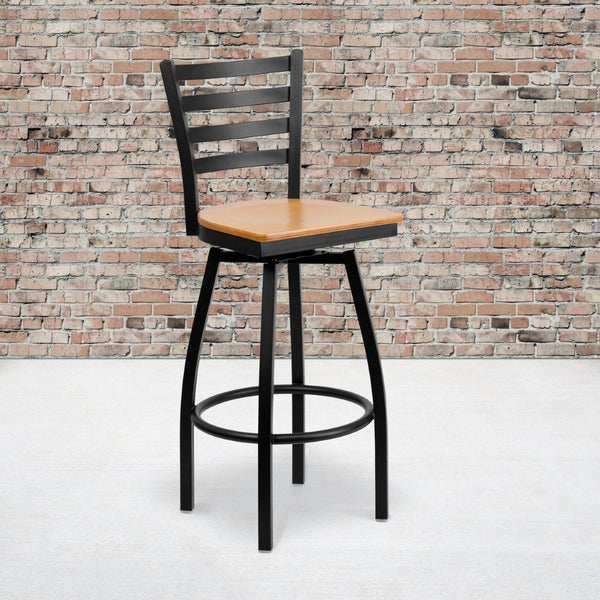 English Elm HERCULES Series Durable Swivel Barstool with Ladder Back Design for Restaurants and Home Use Natural Wood Seat/Black Metal Frame XU-6F8B-LADSWVL-NATW-GG