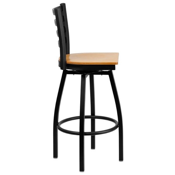 English Elm HERCULES Series Durable Swivel Barstool with Ladder Back Design for Restaurants and Home Use Natural Wood Seat/Black Metal Frame XU-6F8B-LADSWVL-NATW-GG
