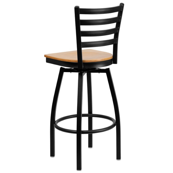 English Elm HERCULES Series Durable Swivel Barstool with Ladder Back Design for Restaurants and Home Use Natural Wood Seat/Black Metal Frame XU-6F8B-LADSWVL-NATW-GG