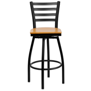 English Elm HERCULES Series Durable Swivel Barstool with Ladder Back Design for Restaurants and Home Use Natural Wood Seat/Black Metal Frame XU-6F8B-LADSWVL-NATW-GG