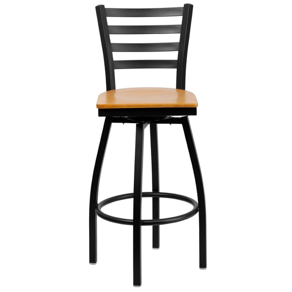 English Elm HERCULES Series Durable Swivel Barstool with Ladder Back Design for Restaurants and Home Use Natural Wood Seat/Black Metal Frame XU-6F8B-LADSWVL-NATW-GG