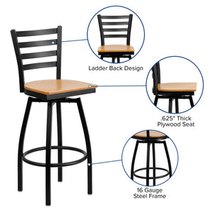 English Elm HERCULES Series Durable Swivel Barstool with Ladder Back Design for Restaurants and Home Use Natural Wood Seat/Black Metal Frame XU-6F8B-LADSWVL-NATW-GG