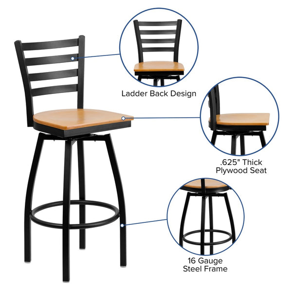 English Elm HERCULES Series Durable Swivel Barstool with Ladder Back Design for Restaurants and Home Use Natural Wood Seat/Black Metal Frame XU-6F8B-LADSWVL-NATW-GG