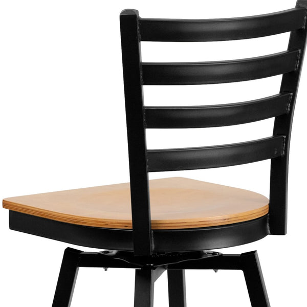 English Elm HERCULES Series Durable Swivel Barstool with Ladder Back Design for Restaurants and Home Use Natural Wood Seat/Black Metal Frame XU-6F8B-LADSWVL-NATW-GG