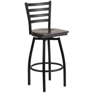 English Elm HERCULES Series Durable Swivel Barstool with Ladder Back Design for Restaurants and Home Use Walnut Wood Seat/Black Metal Frame XU-6F8B-LADSWVL-WALW-GG