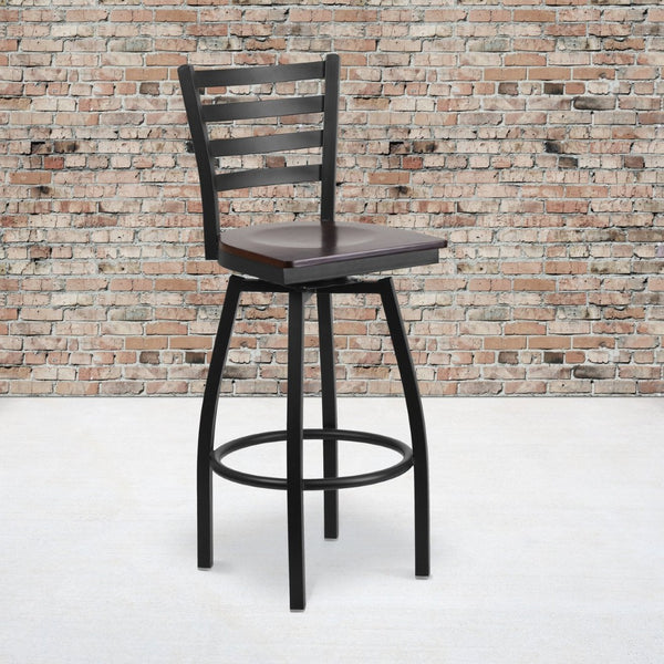 English Elm HERCULES Series Durable Swivel Barstool with Ladder Back Design for Restaurants and Home Use Walnut Wood Seat/Black Metal Frame XU-6F8B-LADSWVL-WALW-GG