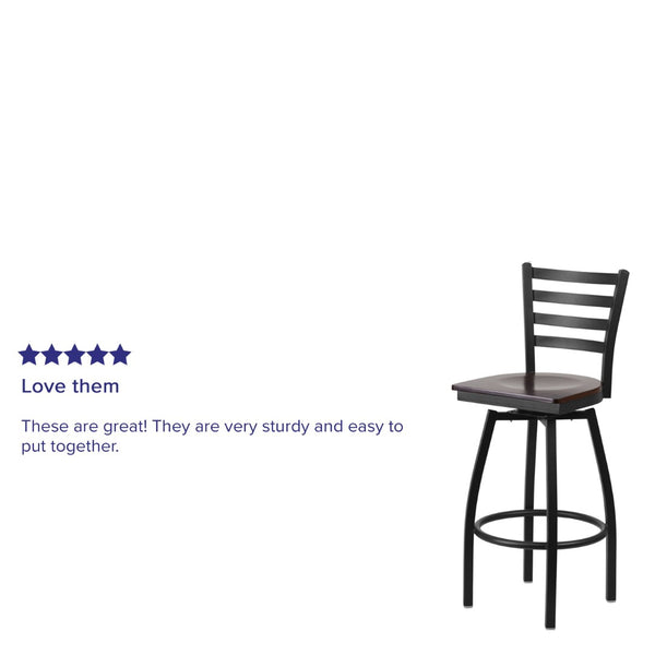 English Elm HERCULES Series Durable Swivel Barstool with Ladder Back Design for Restaurants and Home Use Walnut Wood Seat/Black Metal Frame XU-6F8B-LADSWVL-WALW-GG