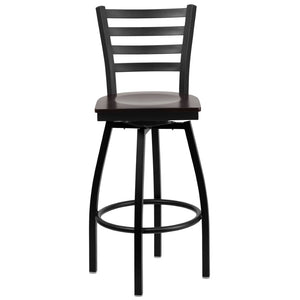 English Elm HERCULES Series Durable Swivel Barstool with Ladder Back Design for Restaurants and Home Use Walnut Wood Seat/Black Metal Frame XU-6F8B-LADSWVL-WALW-GG