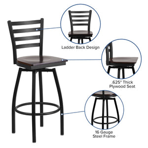 English Elm HERCULES Series Durable Swivel Barstool with Ladder Back Design for Restaurants and Home Use Walnut Wood Seat/Black Metal Frame XU-6F8B-LADSWVL-WALW-GG