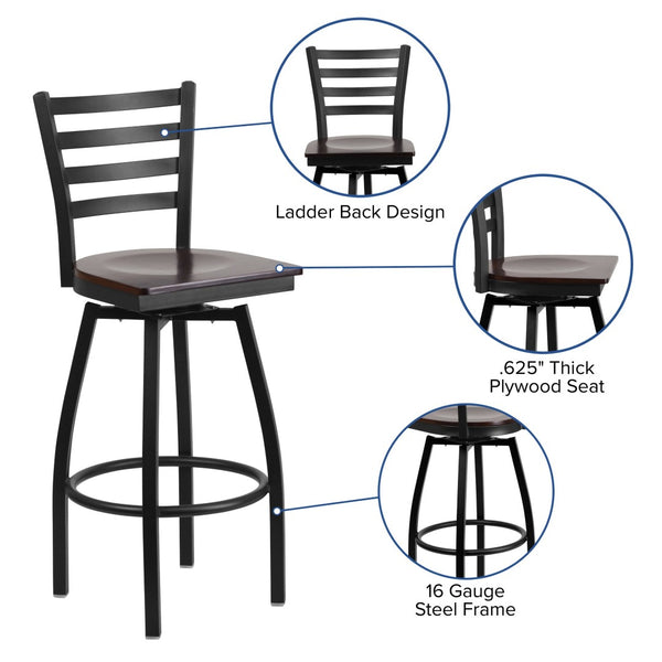 English Elm HERCULES Series Durable Swivel Barstool with Ladder Back Design for Restaurants and Home Use Walnut Wood Seat/Black Metal Frame XU-6F8B-LADSWVL-WALW-GG