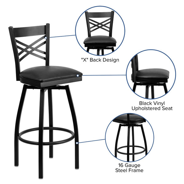 English Elm HERCULES Series Durable Swivel Barstool with Ergonomic Design for Comfort and Style in Any Space Black Vinyl Seat/Black Metal Frame XU-6F8B-XSWVL-BLKV-GG