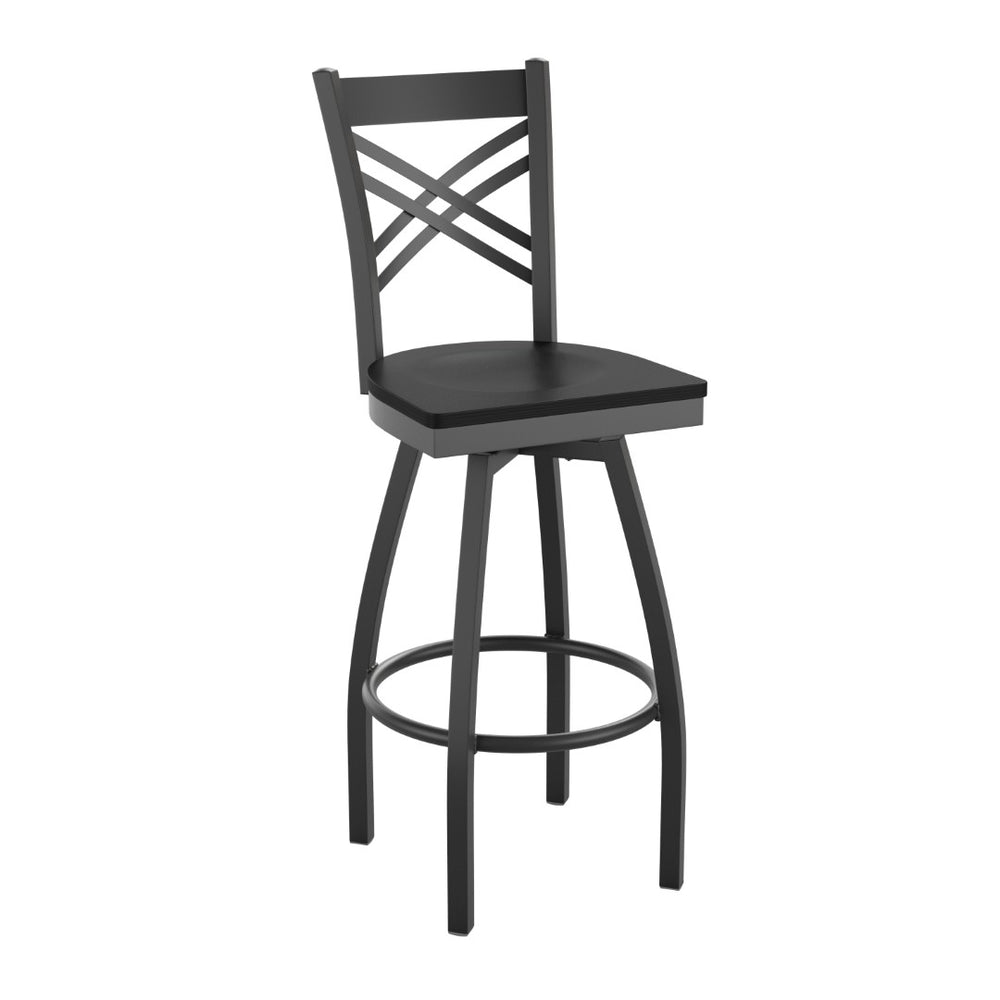 English Elm HERCULES Series Stylish Swivel Barstool with Durable Steel Frame and Supportive “X” Back Design Black Wood Seat/Black Metal Frame XU-6F8B-XSWVL-BLKW-GG
