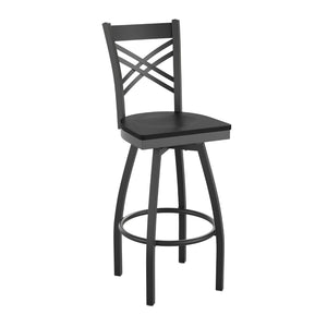 English Elm HERCULES Series Stylish Swivel Barstool with Durable Steel Frame and Supportive “X” Back Design Black Wood Seat/Black Metal Frame XU-6F8B-XSWVL-BLKW-GG
