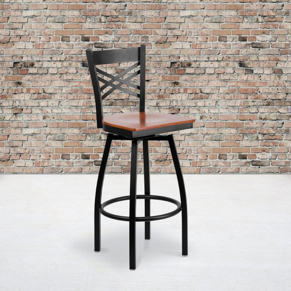 English Elm HERCULES Series Durable Swivel Barstool with Ergonomic Design for Comfort and Style in Any Space Cherry Wood Seat/Black Metal Frame XU-6F8B-XSWVL-CHYW-GG