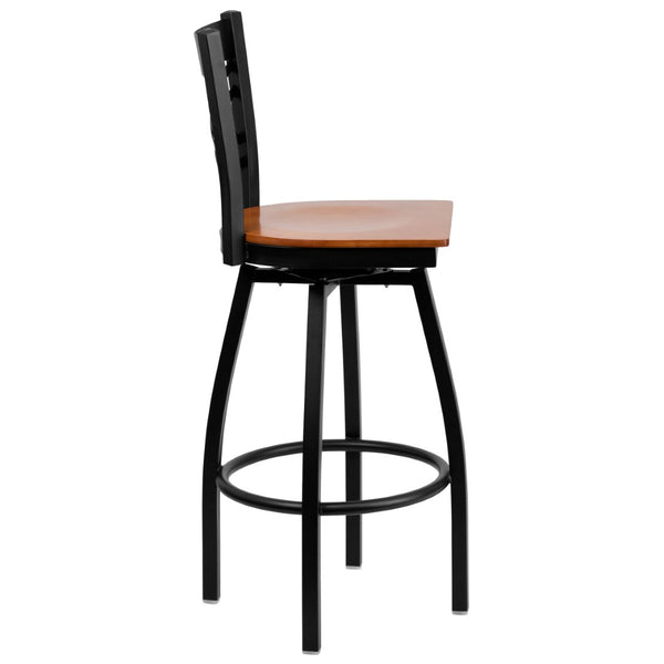 English Elm HERCULES Series Durable Swivel Barstool with Ergonomic Design for Comfort and Style in Any Space Cherry Wood Seat/Black Metal Frame XU-6F8B-XSWVL-CHYW-GG