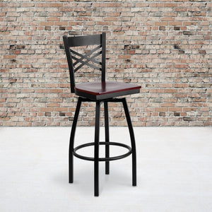 English Elm HERCULES Series Durable Swivel Barstool with Ergonomic Design for Comfort and Style in Any Space Mahogany Wood Seat/Black Metal Frame XU-6F8B-XSWVL-MAHW-GG
