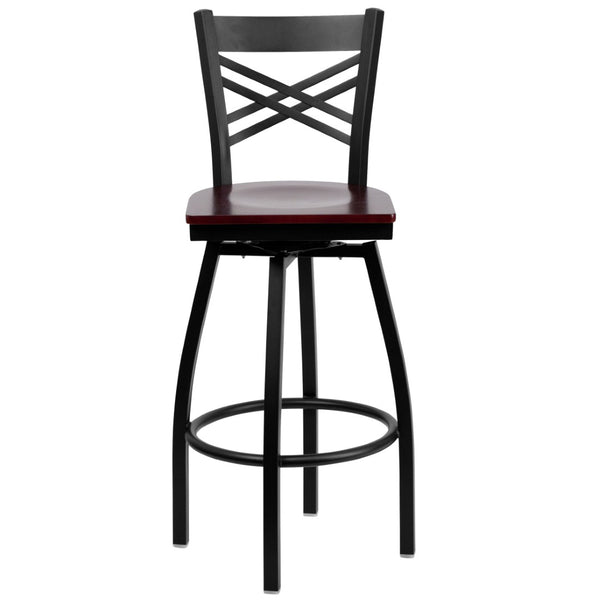English Elm HERCULES Series Durable Swivel Barstool with Ergonomic Design for Comfort and Style in Any Space Mahogany Wood Seat/Black Metal Frame XU-6F8B-XSWVL-MAHW-GG