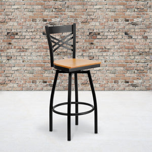 English Elm HERCULES Series Durable Swivel Barstool with Ergonomic Design for Comfort and Style in Any Space Natural Wood Seat/Black Metal Frame XU-6F8B-XSWVL-NATW-GG