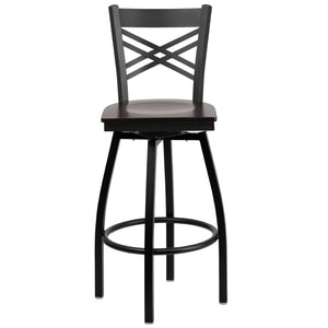 English Elm HERCULES Series Durable Swivel Barstool with Ergonomic Design for Comfort and Style in Any Space Walnut Wood Seat/Black Metal Frame XU-6F8B-XSWVL-WALW-GG