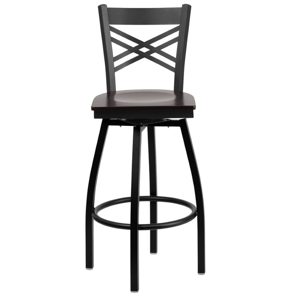 English Elm HERCULES Series Durable Swivel Barstool with Ergonomic Design for Comfort and Style in Any Space Walnut Wood Seat/Black Metal Frame XU-6F8B-XSWVL-WALW-GG