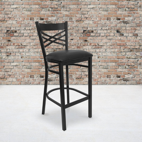 English Elm HERCULES Heavy-Duty Metal Barstool with Comfortable Padded Seating for Restaurants and Lounges Black Vinyl Seat/Black Metal Frame XU-6F8BXBK-BAR-BLKV-GG