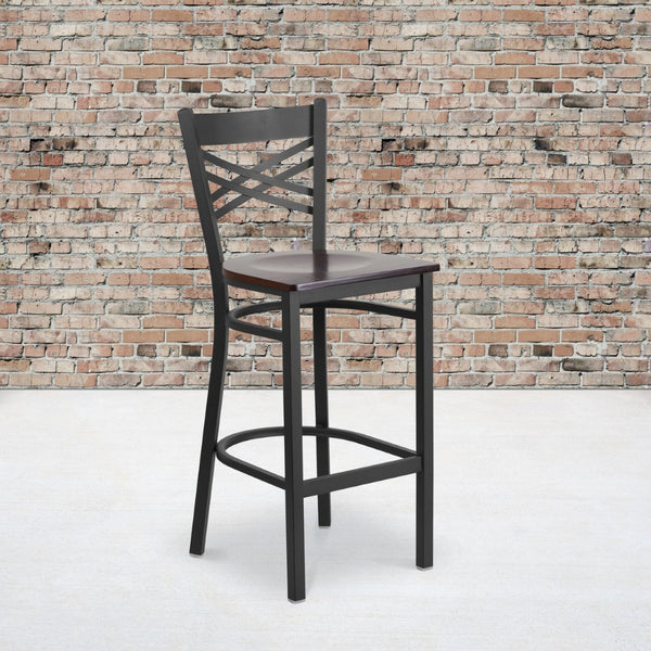 English Elm HERCULES Heavy-Duty Metal Barstool with Comfortable Padded Seating for Restaurants and Lounges Walnut Wood Seat/Black Metal Frame XU-6F8BXBK-BAR-WALW-GG