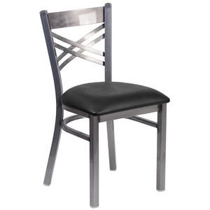English Elm HERCULES Silver Antique Finish Metal Restaurant Chair with Classic X Back Design for Comfort & Style Black Vinyl Seat/Clear Coated Metal Frame XU-6FOB-CLR-BLKV-GG