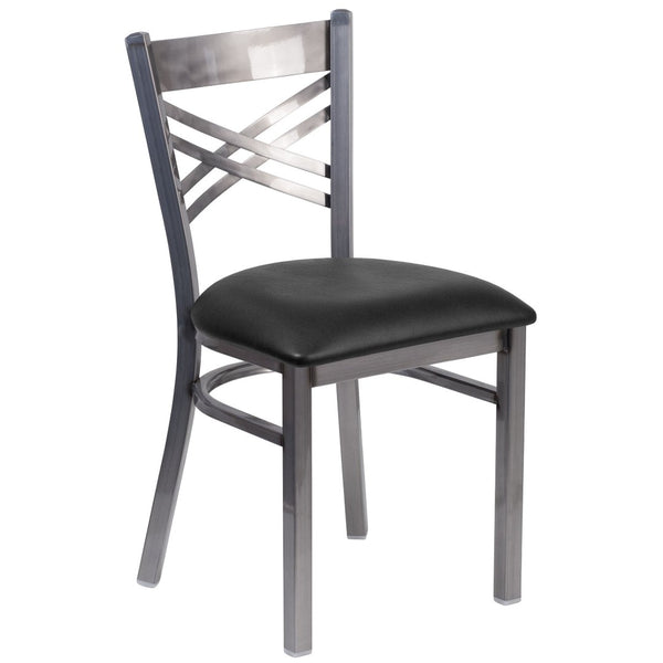 English Elm HERCULES Silver Antique Finish Metal Restaurant Chair with Classic X Back Design for Comfort & Style Black Vinyl Seat/Clear Coated Metal Frame XU-6FOB-CLR-BLKV-GG
